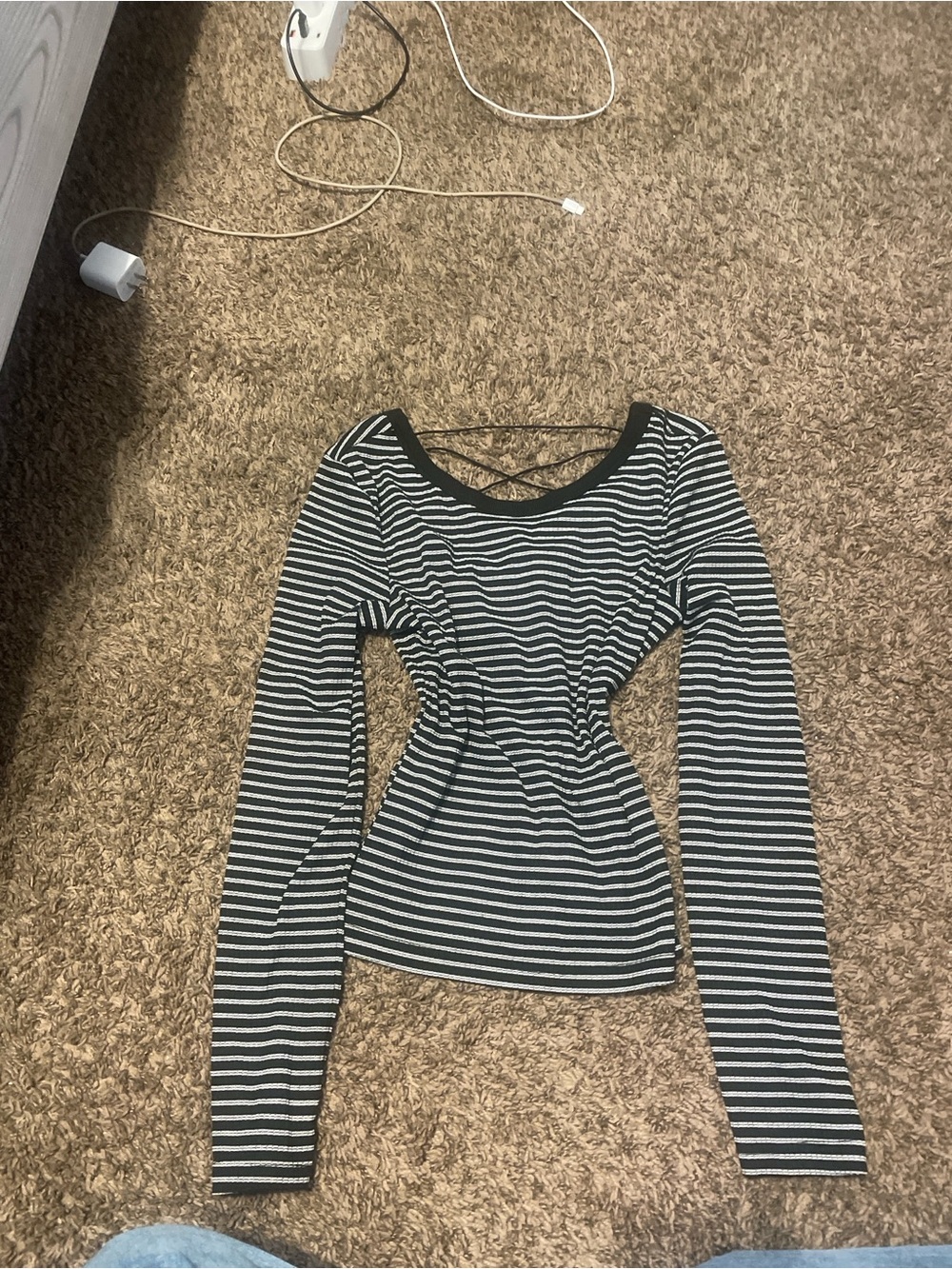 Striped Long-Sleeve Crisscross Back Top - Black & White